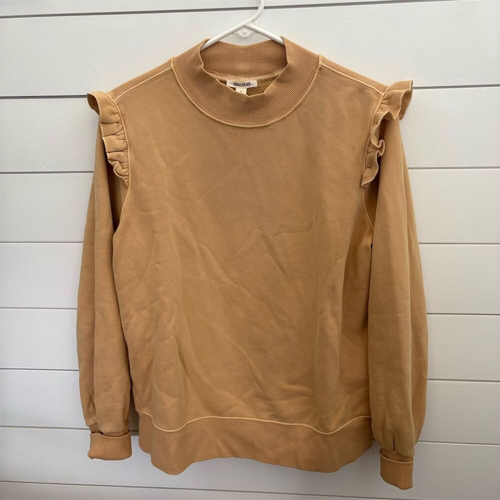 Goodthreads Women's Beige Ruffle Trim Long Sleeve Pullover Size L
